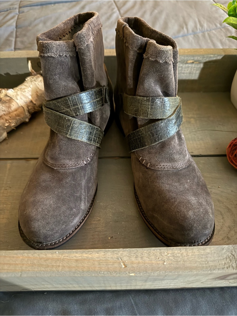 Women's CAT Suede Ankle Boots with Metallic Strap - Gray 5.5